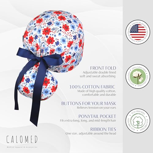 Image of Scrub Cap for Women and Men, Ponytail Scrub Caps, Working Hat, Head Cover with Ribbon Ties and Buttons, Long Hair
