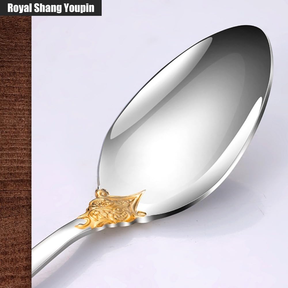 Vintage en Relief Ou Fleur Cuisine en Acier Inoxydable Argenterie Vaisselle Couverts Ensemble De Couverts Couteau À Steak Fourchette Cuillère Cuillère À (Or, Argent,16 pièces)