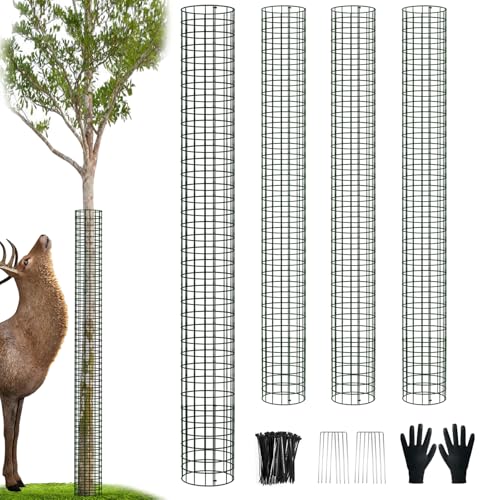 chicarry Protector de tronco de árbol de metal de 48 pulgadas, paquete de 4 protectores de malla para árboles con bridas de cremallera, estacas, protector de tronco de árbol expandible, protectores de