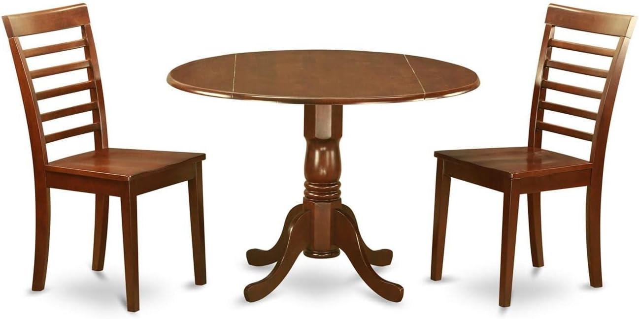 East West Furniture DLML3-MAH-W 3 Piece Modern Dining Table Set Contains a Round Wooden Table with Dropleaf and 2 Kitchen Dining Chairs, 42x42 Inch, Mahogany