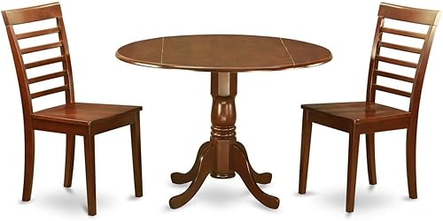 East West Furniture DLML3-MAH-W - Juego de mesa de comedor moderno de 3 piezas que contiene una mesa redonda de madera con gotas y 2 sillas de