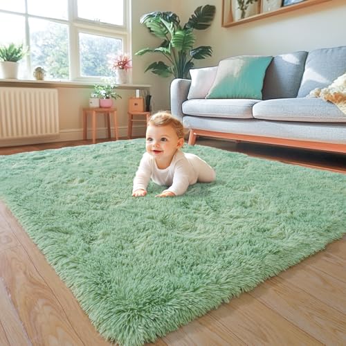 KING DARE Area Rugs 4x6 Rug for Bedroom, Fluffy Shaggy Washable 4 x 6 Sage Green Rug for Living Room Dorm, Plush Fuzzy Furry Non-Slip Soft Carpet for Playroom Kids Room Modern Aesthetic Rug