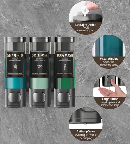 Image of Luxspire Shampoo and Conditioner Dispenser, Shower Soap Dispenser 3-Chamber | Lockable Large Capacity 900ml No-Drill Wall-Mounted Shampoo and Body Wash Dispenser for Bathroom Hotel Kitchen Airbnb