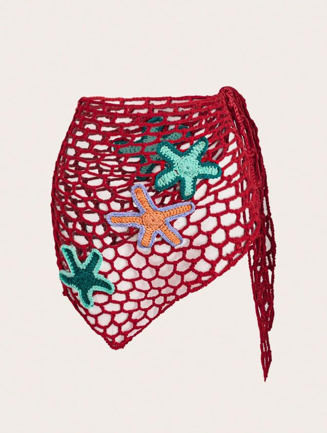 Crochet Beach Sarong Wrap, Red Mesh with Starfish Appliques, Swimsuit Cover Up4