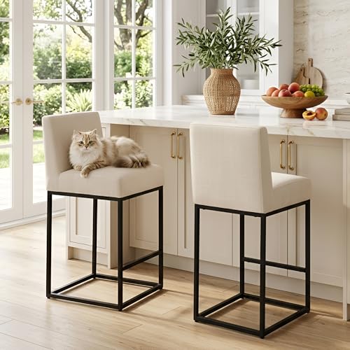 Image of HNY Modern Counter Height Bar Stool, Linen Fabric Upholstered Bar Stool with Backs, 27 Inch Kitchen Island Stools with Black Metal Frame, Cream