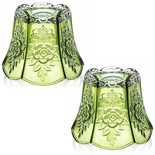 2 Pcs Glass Rose Lamp Shades Small Flower Sconce Shade E26 Base 1.65 Top x 5.5 Dia. x 4.72 H Mini Lampshades Replacement for Floor Table Chandelier Decor Vanity Pendant Light Covers (Green)