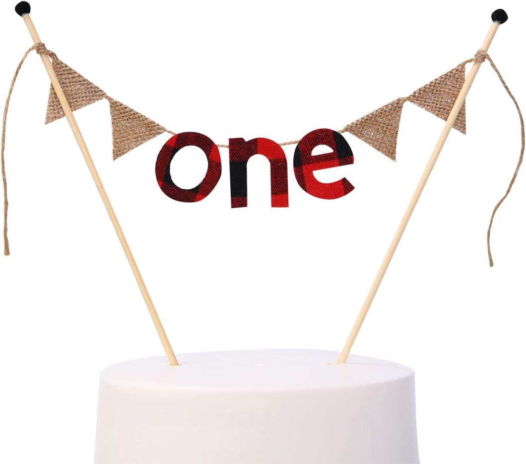 1st Birthday Cake Topper For Lumberjack - Cake Topper Banner For 1st Birthday-Buffalo Plaid 1rst Birthday Decorations-Happy Camper