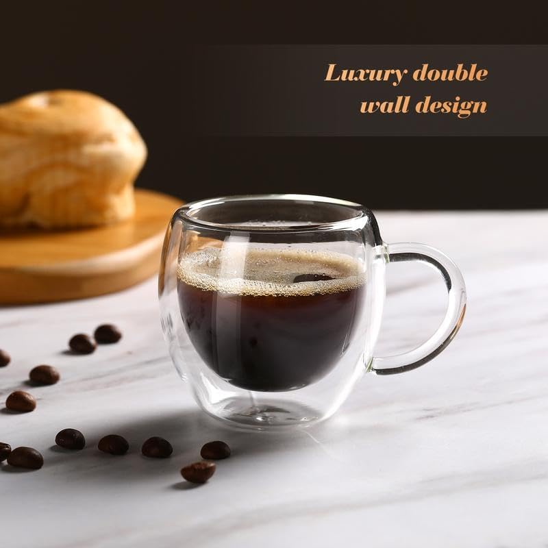 2.5oz Double Walled Espresso Coffee Cups Set of 6 with Handle,Express Shots Glass Cup,Tazas de Cafe Expreso,Espresso Drinkware,Borosilicate, Aesthetic