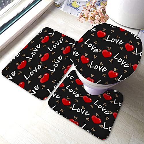 Badezimmerteppich-Set, 3-teilig, Valentinstag-Liebesherz, waschbare Badeteppiche, rutschfest, mit Rückenpolster, Konturteppich und Toilettendeckelbezug