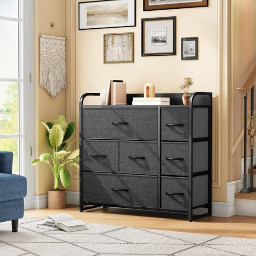 DWVO 7 Drawers Dresser, Organizer Unit for Bedroom, Fabric Dresser Storage Tower for Hallway, Entryway, Closets, Sturdy Steel Frame, Wooden Top