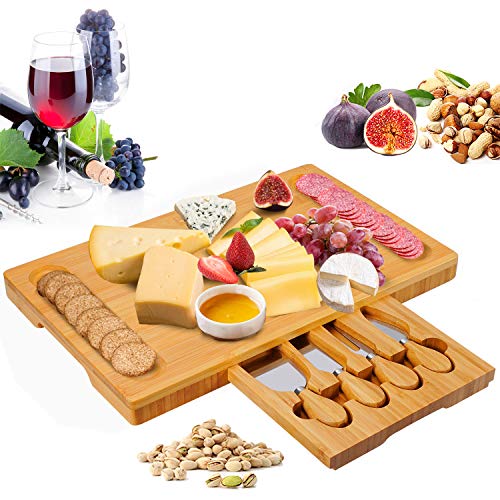 Bamboo Cheese Board And Knife Set, Cheese Plate Charcuterie Platter Serving Tray For Wine, Crackers, Brie And Meat, Large Thick Wooden Server, Fancy House Warming Gift For Gourmets (16''X10'') #TOP7