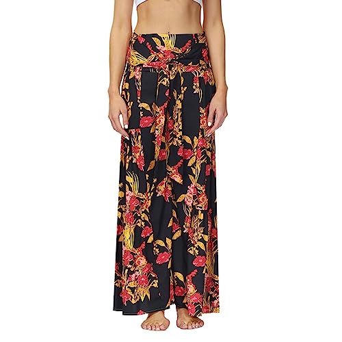 Vrvtoov Bohemian Wide Leg Summer Beach Pants For Women Floral Printed Pleated Loose Fit Trousers Casual Holiday Long Pant Black #TOP2