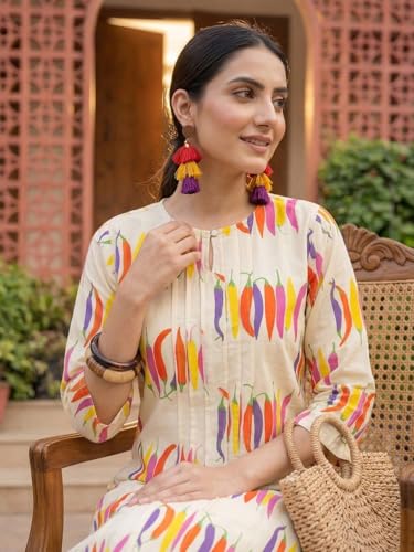 Image of INDO ERA Women Cotton White Printed Straight Kurta Pant Set