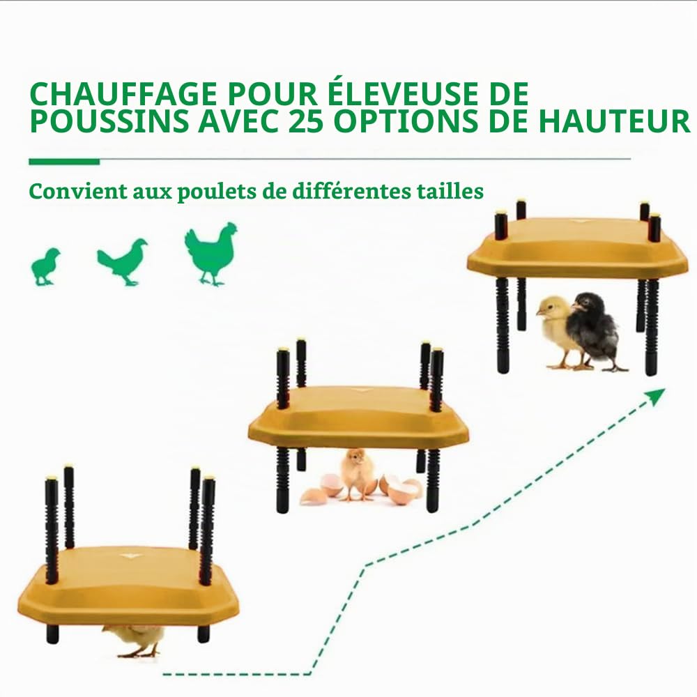 Plaque Chauffante Pour Poussins,Plaque Chauffante Pour Couveuse à Poussin,Chauffant Poussin, 25 x 25cm avec Hauteur et Angle réglables, thermostatique, pour Poussins, canetons, cailles naissantes