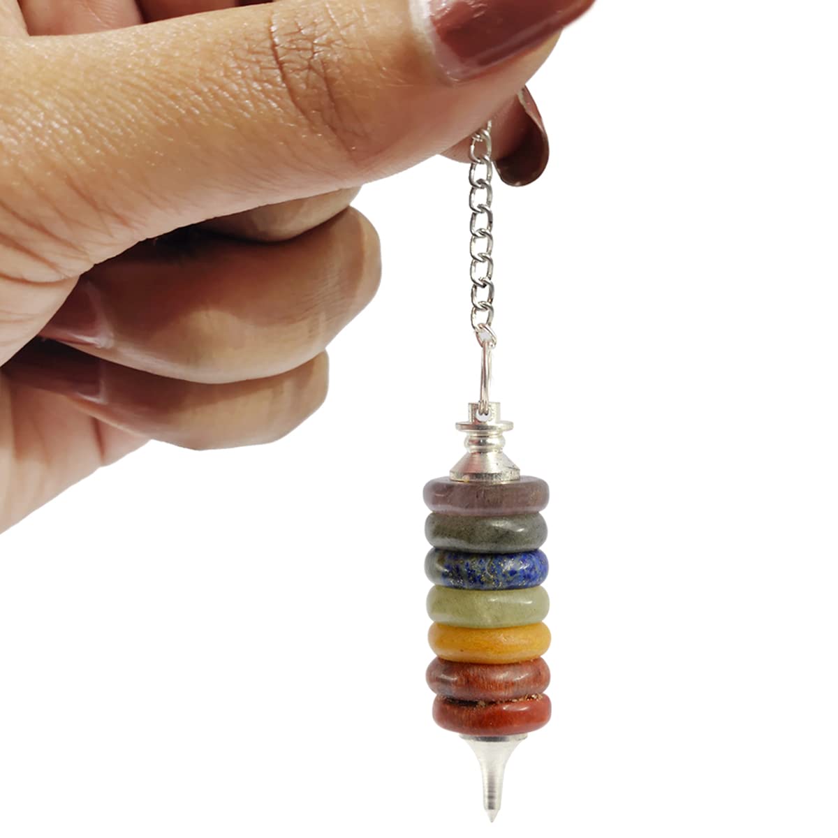 Reiki Crystal Products 7 Chakra Ring Pendulum Dowser Stone for Reiki Healing Natural Multicolor Seven Chakra Dowsing Pendulum for Crystal Healing Dowsing