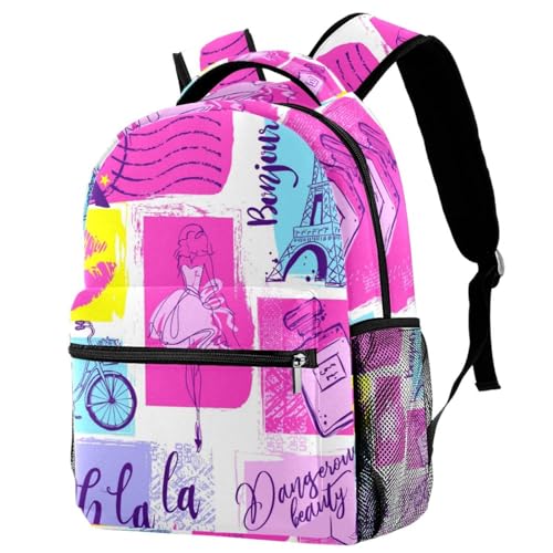 Sac à dos d'école multicolore imprimé vélo et Tour Eiffel