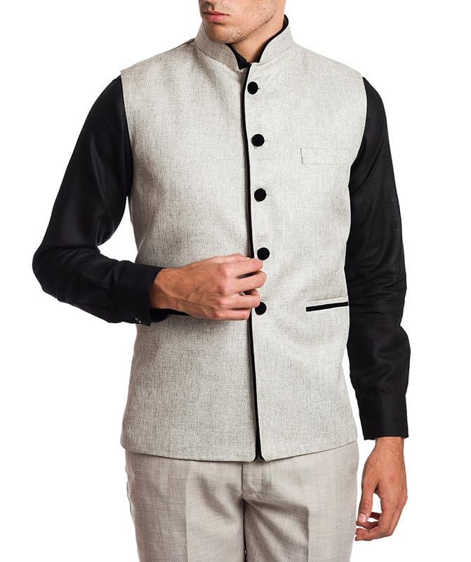 RANMUK Men's Jute cotton Modi/Nehru Waistcoat Grey (XL)-image-17