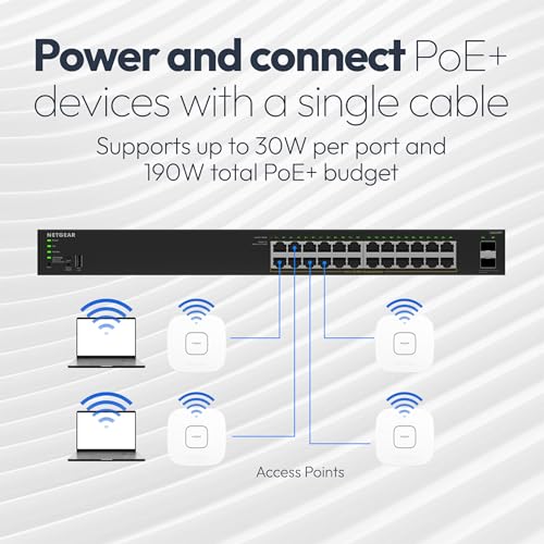 Image of NETGEAR S350 Series 26-Port Gigabit Ethernet PoE+ Smart Managed Essentials Switch - 24 x 1G PoE+ @ 190W, 2 x 1G Dedicated SFP - Desktop or Rackmount (GS324TPv2)