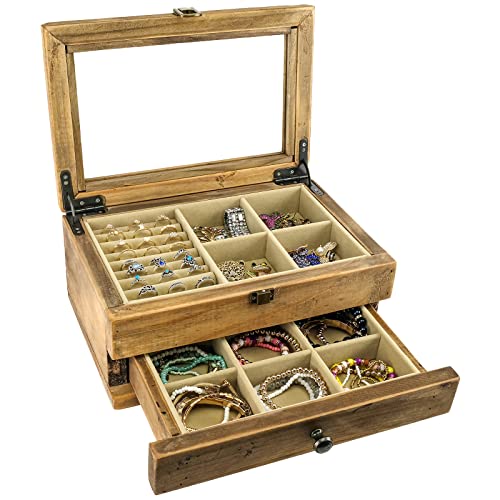 Excello Global Products Jewelry Box: Farmhouse Solid Wood Rustic Distressed Jewelry Organizer. Includes Glass Window and Storage Drawer.