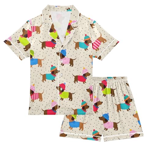 ALAZA Color Dachshund Puppy Cute Satin Pajamas Set Short Sleeve Button Down Sleepwear Summer Pjs 2 Piece
