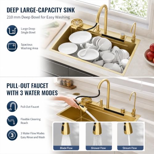 Image of InArt All-in-One Waterfall Kitchen Sink, Brushed Gold Nano Stainless Steel, Single Bowl 30 x 18 Inches, with Pull-Out Faucet, RO Tap, Glass Rinser and Drain Basket