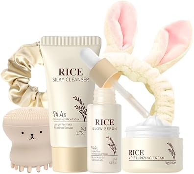 6PCS Rice Skin Care Sets & Kits, Korean Skincare Set-Facial Cleansing Brush & Cleanser, Serum, Face Cream, Hair Band&Tie, Complete Pamper Gifts for Women,Travel Skincare Set for Women Teenage Girls