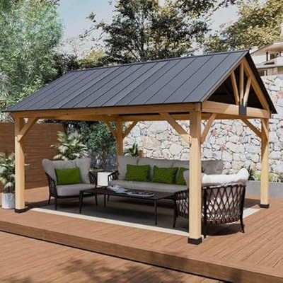 Yardsight Wood Gazebo 11' x 13', Hardtop Wooden Cedar Gazebo with Galvanized Steel Roof, Permanent Outdoor Pavilion for Garden, Patio, Deck, Backyard, Lawn.