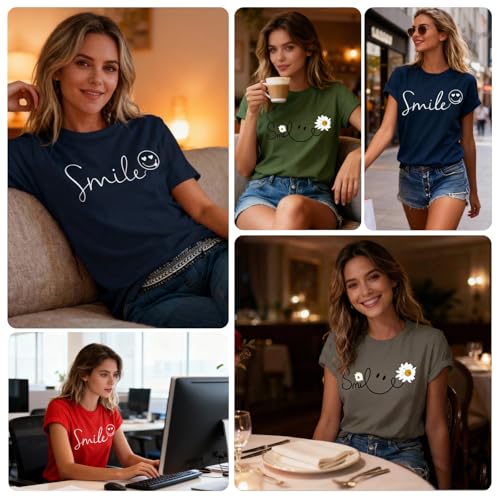 heekpek Femme T Shirt Blanc Chic T Shirts Col Rond Haut Manches Courtes Ete T Shirt Coton Tee Shirt Imprimé pour Femmes Files, Vert Militaire, L – vue 2