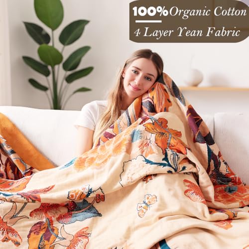 Boho Throw Blanket, 100% Organic Cotton Breathable Soft Lightweight All Season Rustic Bed Throw - Floral Bird Farmhouse Decor Blanket for Sofa Couch Chair Quilt and Gift. 60" x 80"