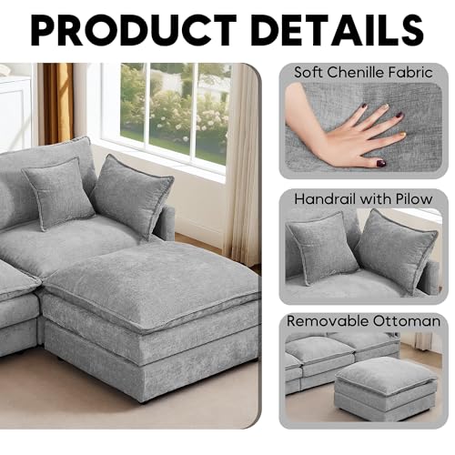 Image of 102 inch L Shaped Modular Sectional Sofa, Comfy Upholstery Chenille Cloud Couch with Ottoman, Modern 4-Seat Deep Seat Sofa with Pillow for Living Room, Bedroom, Apartment, Grey