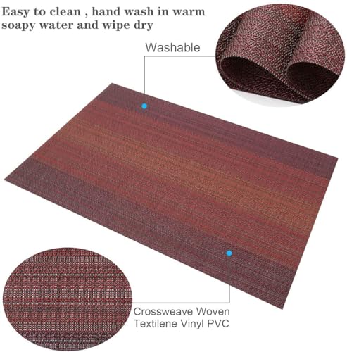 Image of YELONA Placemats Set of 4, Heat-Resistant Woven Vinyl Table Mats, Non-Slip & Washable Dining Tablemats for Kitchen & Dinner Decor, Ombre Red (45cm x 30cm)