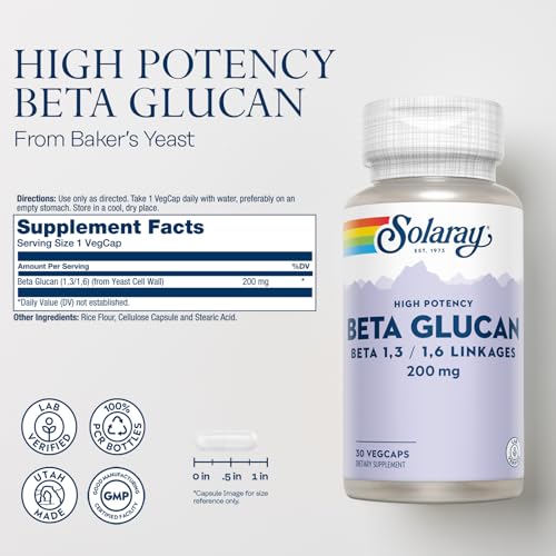 Image of SOLARAY Beta Glucan Supplements - Immune Support - Heart and Digestive Support with Beta Glucan Fiber from Baker's Yeast - High Potency, 60-Day Guarantee - 30 Servings, 30 VegCaps
