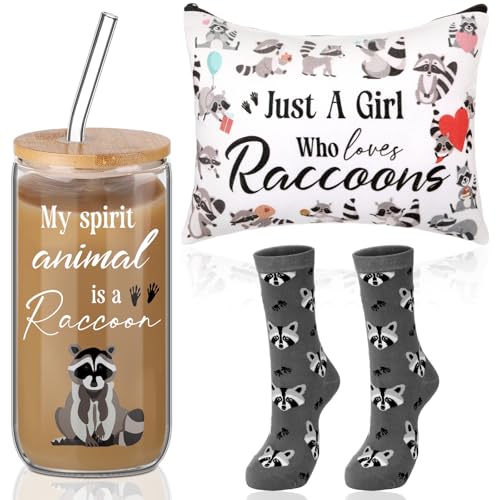 Layhit 3 Pcs Raccoon Gifts for Women Teaches Day Thank You Gift 16 oz Coffee Glass Cosmetic Makeup Bag Cute Socks for Friend Teacher Colleague Employee