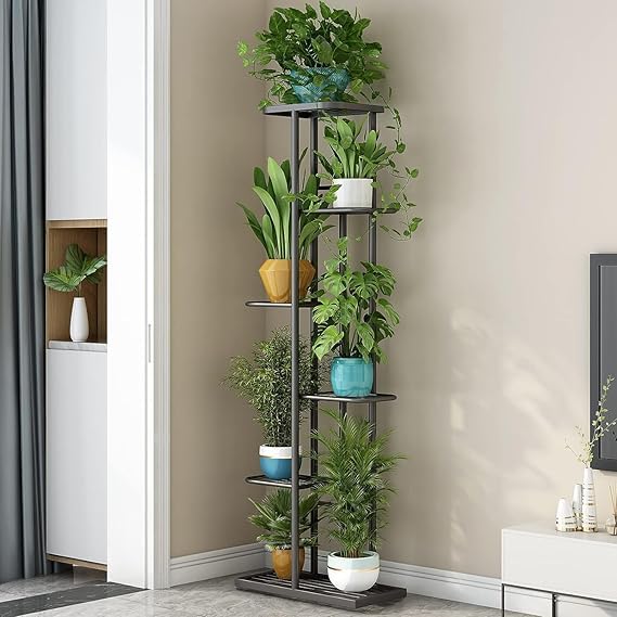 Image of 7 Tier Metal Plant Stand for Living Room | Indoor & Outdoor Plant Holder | Heavy Duty Flower Pot Rack | Modern Vertical Plant Shelf for Balcony, Home Decor, Garden | Black