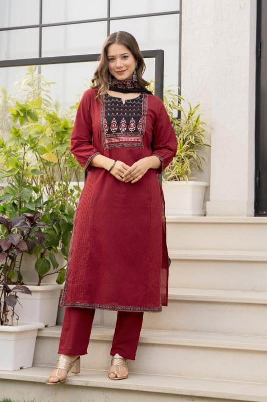 Image of Amayra Women's Cotton Straight Kurta Set with Palazzo Pants & Dupatta- Ethnic Wear