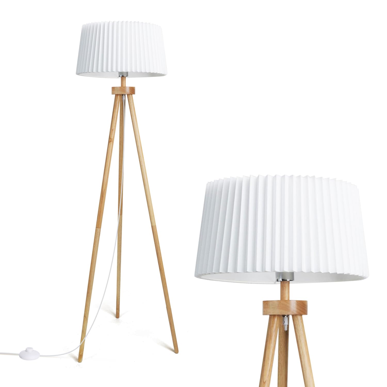 Aigostar Lampada da Terra Tripode E27 Vintage in Legno Massello per Soggiorno， Paralume Pieghettato in Lino Bianco， Cavo 180 cm con Interruttore a Pedale， Senza Lampadina
