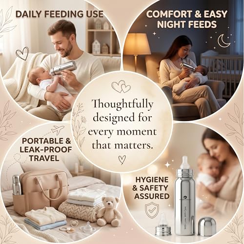 Image of StarAndDaisy Baby Milk Bottle for new Born /Infant /Toddler Pack of 250 ML SUS 304 Steel Baby Feeding Bottle for 0+ Months, BPA Free Leakproof, Anti Colic, Easy to Clean