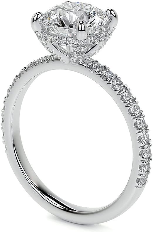 3 Carat Round Lab Created Diamond Pave Basket Hidden Halo Prong Set Stones IGI Engagement Ring,14k Gold,Women, (2 Ct, G-H/VS1-VS2,Center)2