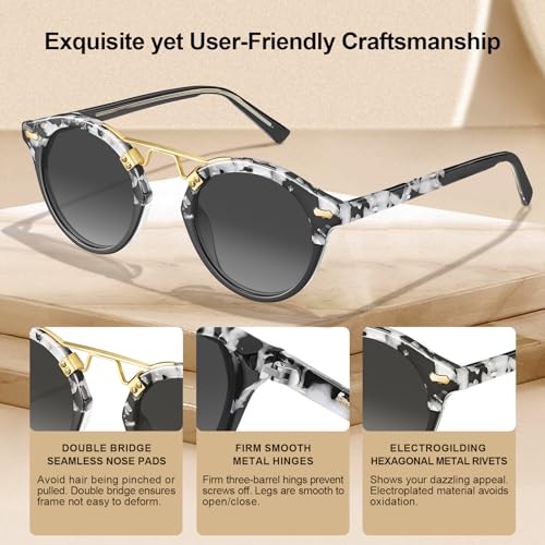 Image of CARFIA Small Face Acetate Polarized Sunglasses for Women UV Protection, Retro Double Bridge Eyewears Metal Brow Round Sunnies