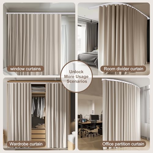 Image of Room Divider Curtains & Flexible Bendable Tracks Set,Privacy Dividers Ceiling Track Curtain Window Blackout Curtains for Living Room Bedroom (W100 x H108 In 1 Panel Beige Drape & White Rail)