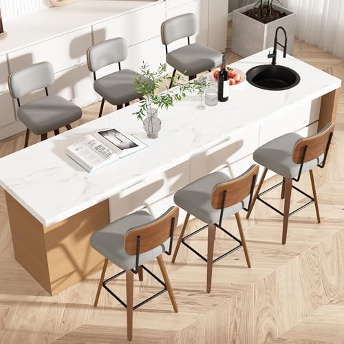Image of Swivel Bar Stools Set of 6, 26 inch Upholstered Faux Leather Counter Height Barstools with Walnut Back & Bentwood Legs, Mid Century Modern Bar Chairs Island Stools for Kitchen Counter, Light Grey