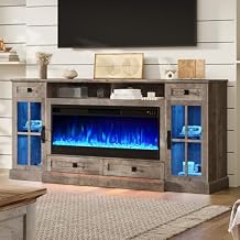 YUMPIE Farmhouse Fireplace TV Stand for TVs up to 80", 70 Inch Large TV Stand with Lighting Glass Door Cabinets/Drawers/Adjustable Shelves, Entertainment Center with 43" Electric Fireplace, Wash Gray
