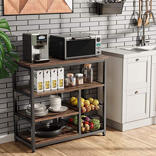 Homemaxs Kitchen Baker’s Rack, 4 Tier+ 4 Tier Microwave Storage Stand with 2 Slide-Out Mesh Baskets, Vintage Utility Shelf for Spices, Pots, and Pans Organizer Workstation - Rustic Brown