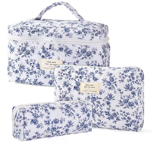 3Pcs Makeup Bag Cute Cosmetic Bags for Women, Large Capacity Travel Quilted Makeup Bag Set,Cotton Floral Makeup Pouch, Coquette Puffy Toiletry Bag,Attractive Quilted Pouch