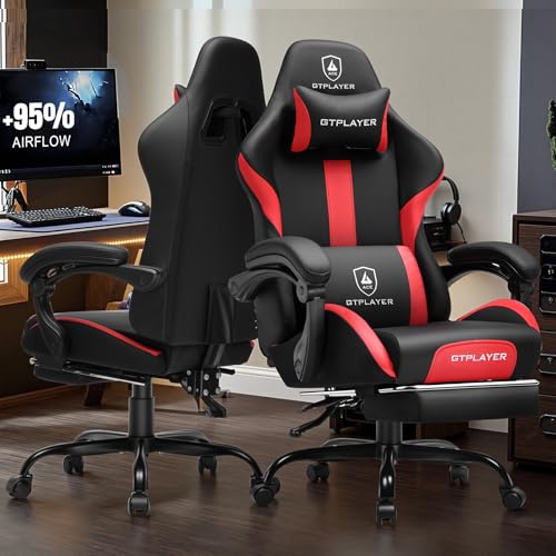 GTRACING Gaming Chair with Foot Rest & Pocket Spring Cushion, Ergonomic High Back Computer Chair with Headrest & 360°-Swivel Seat for Home Office Desk, PU Leather, Red