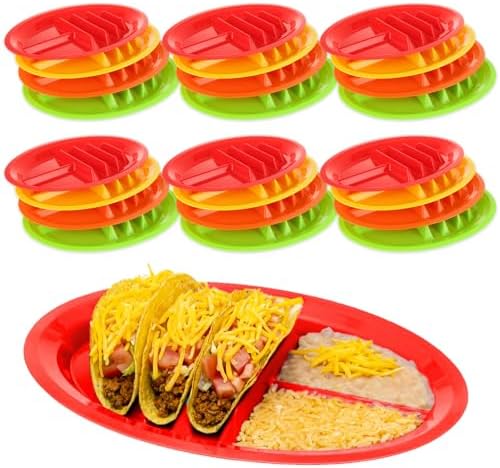12 Pack Plastic Taco Plates Holder with Dividers, Colorful Taco Trays for Tacos Day, Tacos Tuesday, for Soft & Hard Taca Shell, BPA Free, Microwave & Dishwasher Safe