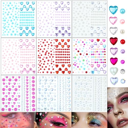 1398 PCS Heart Rhinestones Face Self-Adhesive Acrylic Heart Gems Stickers Flat-Back Heart Pearl Crystal for Body Eye Makeup for Wedding Valentine's Day DIY Crafts, 9 Sheets