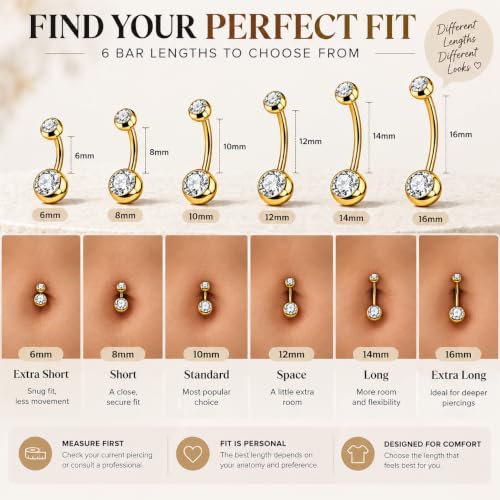 JESMODA 1PC G23 Titanium Belly Button Rings 14G 1.6MM Gold Round Cubic Zirconia Belly Rings 12MM of Length to Choose Navel Barbell Belly Piercing Jewelry for Women Men by JESMODA - Used condition - Image 4