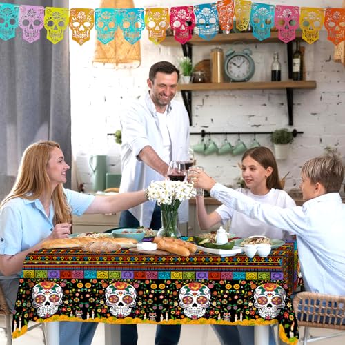 wuhuzsm 3Pcs Day of The Dead Plastic Tablecloth, Dia De Los Muertos Sugar Skull Table Cloth Disposable Rectangle Table Cover for Halloween Mexican Birthday Party Supplies, 42 x 70.8 Inch