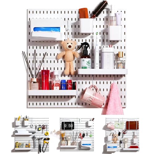 Zoeynex Modular Pegboard Wall Organizer Kit: Stylish Storage Solution for Decor, Crafts, and Display - Includes 26 Durable Accessories & 4 Peg Boards, High Load-Bearing, Easy Install, White, 22" x 22"